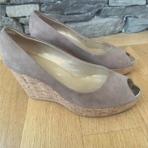 Stuart Weitzman Taupe Wedge Peep-Toe Shoes